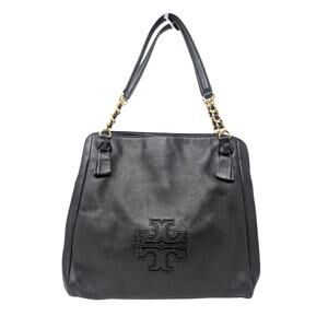 Tory Burch Harper Black Leather Tote Shoulder Bag Gold Chain Logo